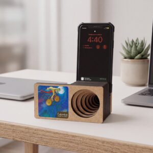 Amplificador de madera para celular sobre un escritorio, con el teléfono puesto y la ilustración de un ciclista al frente