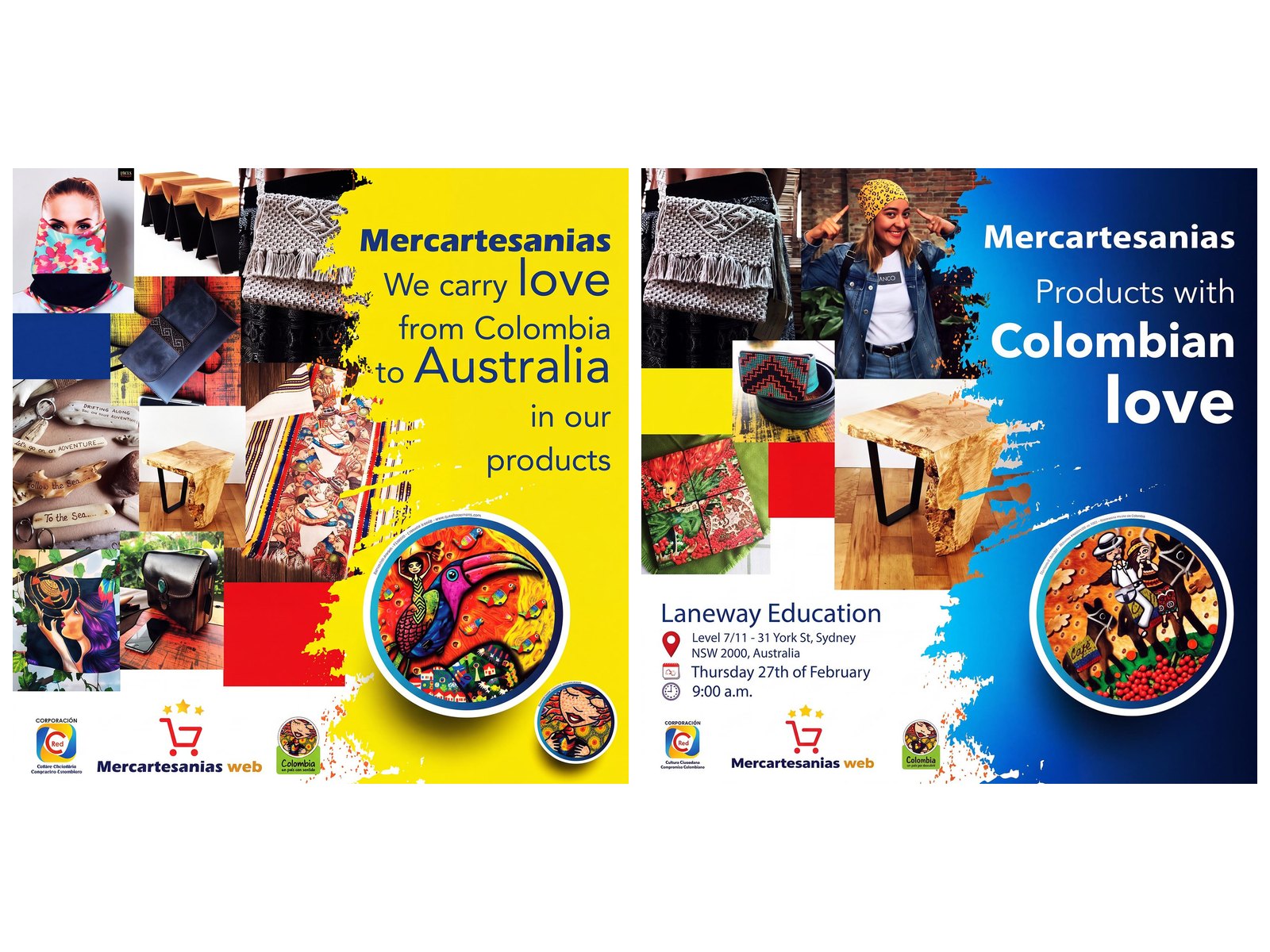 Dos piezas de la invitación al evento de Mercartesanías en Australia: «We carry love from Colombia to Australia» y «Products with Colombian love»