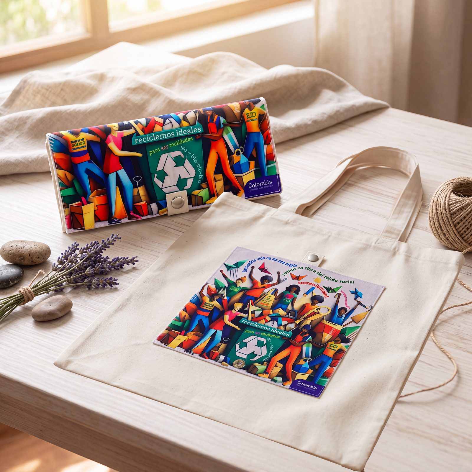Bolsa Reciclemos desplegada sobre una mesa, junto a su estuche: personas reciclando alrededor del símbolo del reciclaje