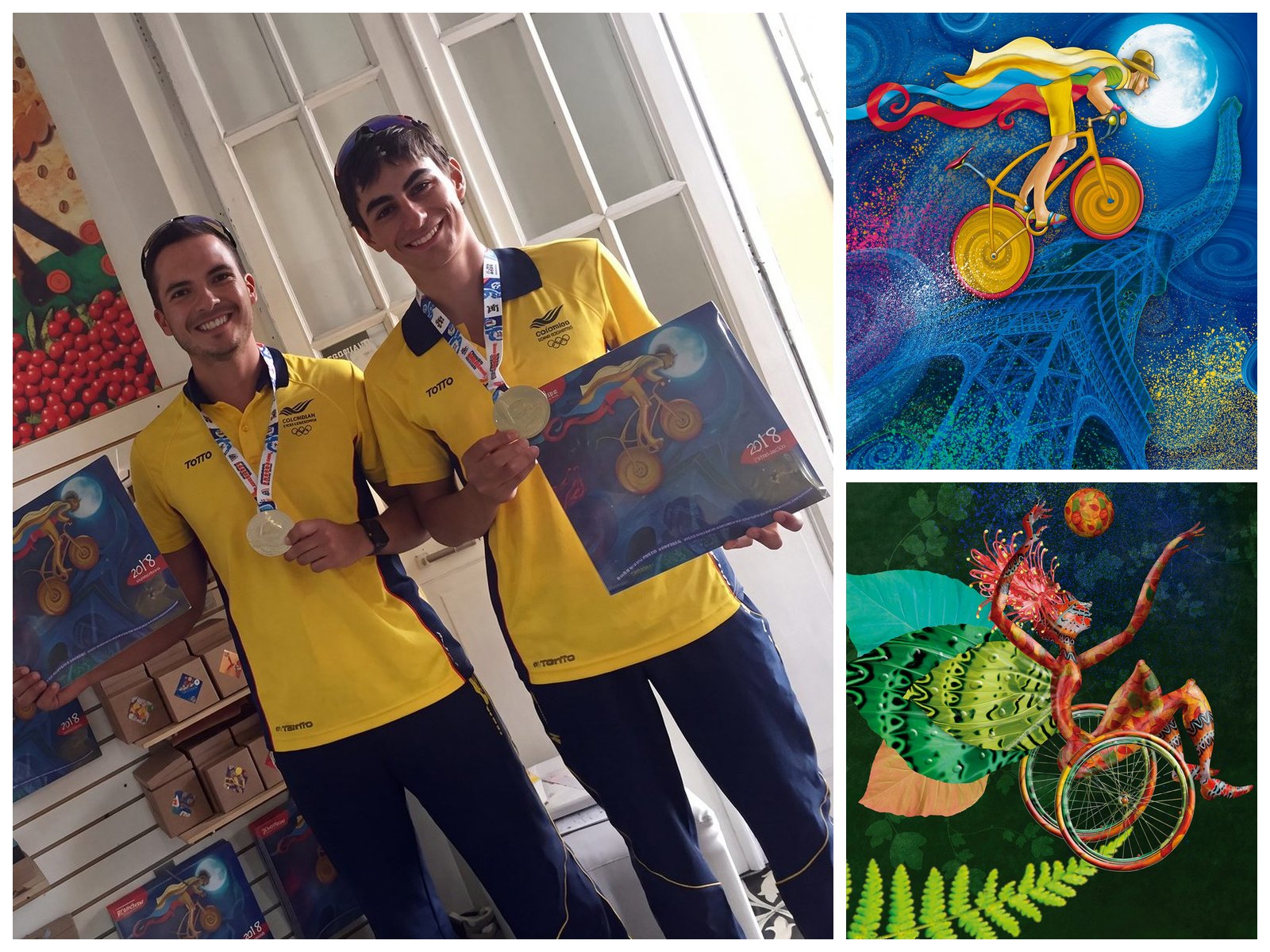 Dos deportistas colombianos con sus medallas sosteniendo el calendario homenaje en Casa Colombia, junto a dos láminas del calendario: un ciclista bajo la luna y un atleta paralímpico