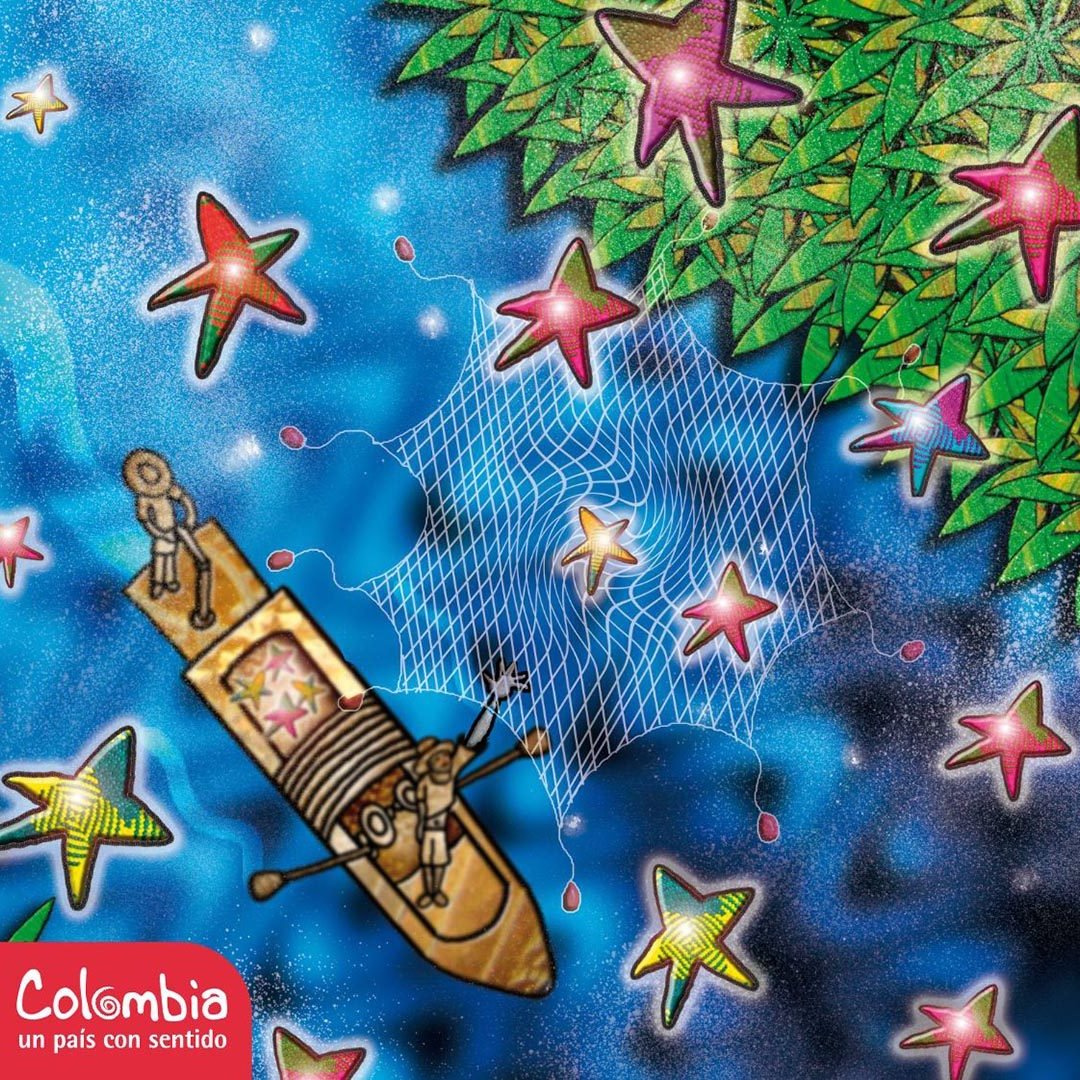 Diseño Piragua: una canoa entre estrellas y vegetación