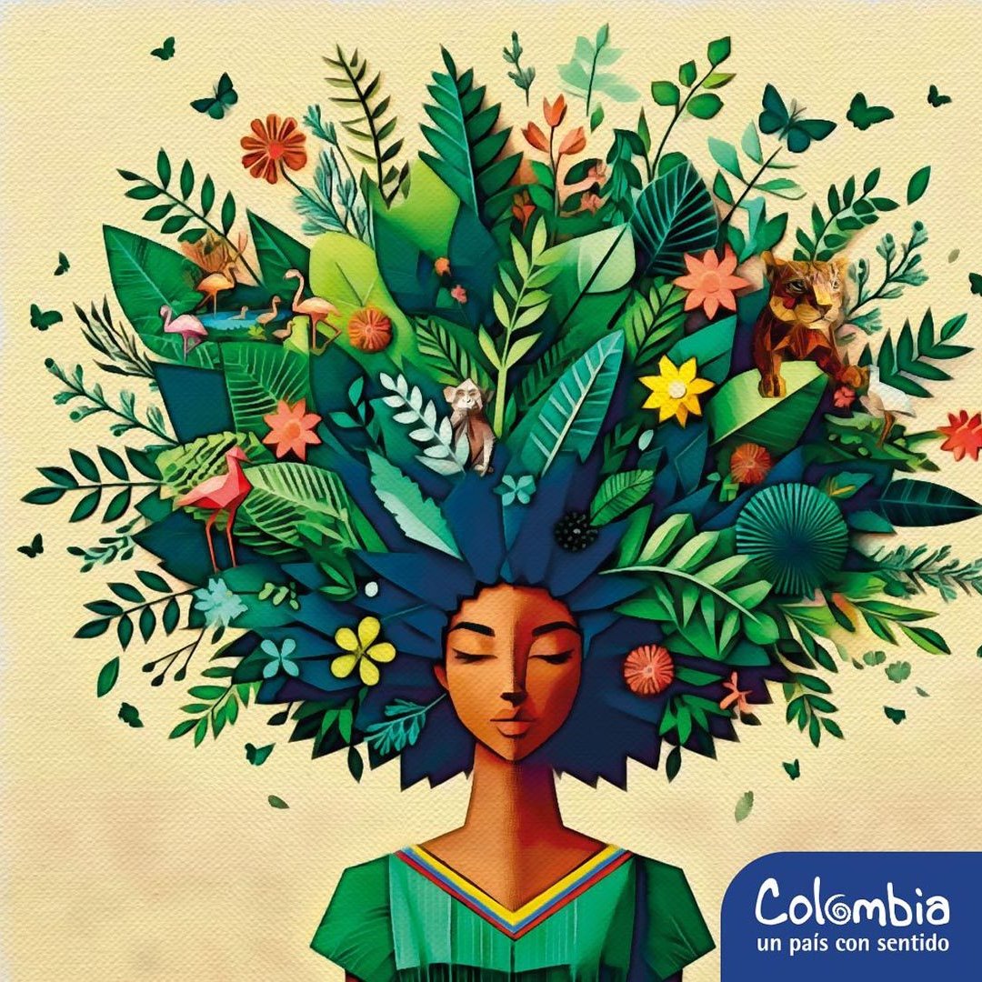 Diseño Biodiversidad: mujer con un tocado de hojas, flores y animales
