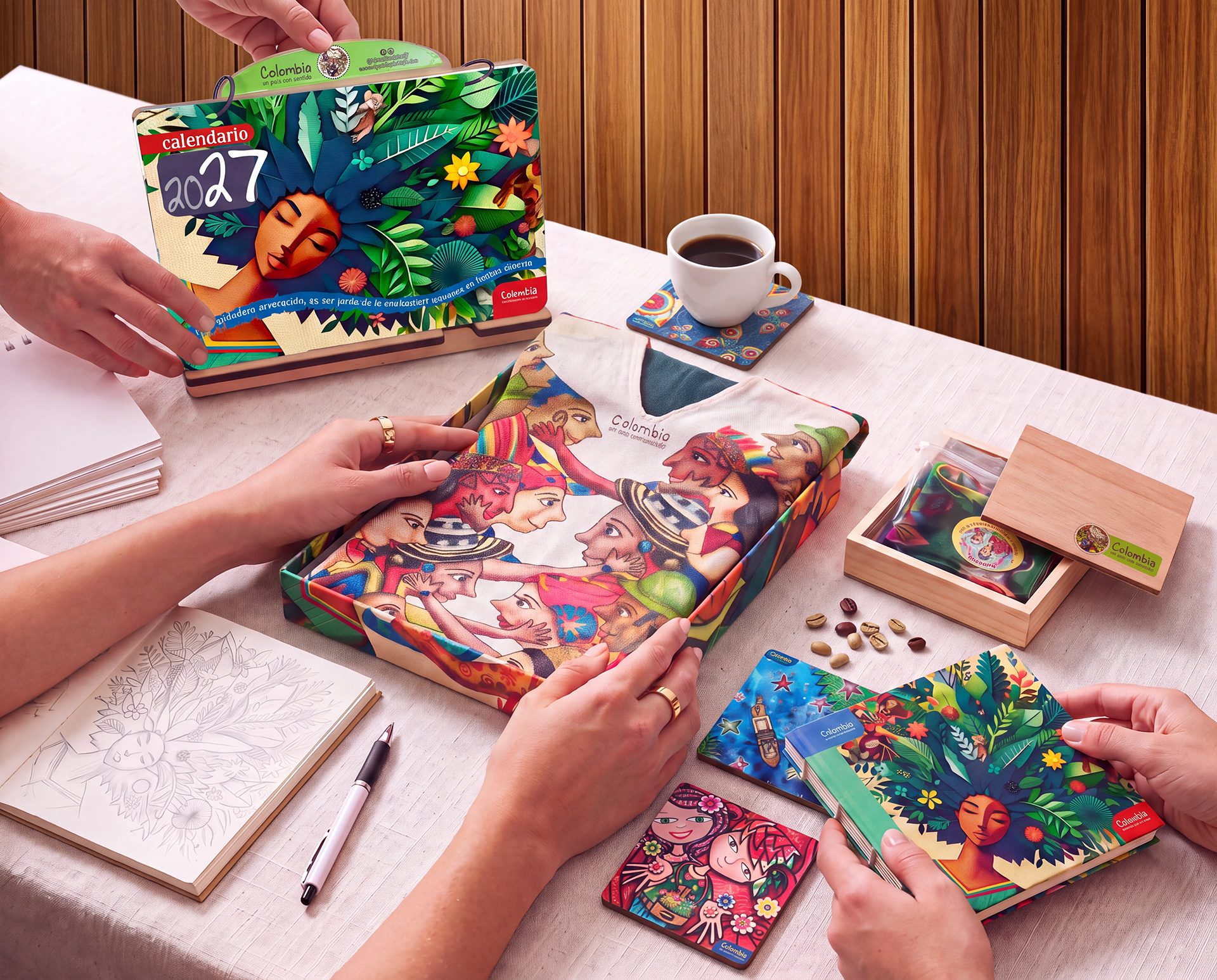 Varias manos alrededor de una mesa con el calendario ilustrado 2027, portavasos, una libreta y una caja de regalo