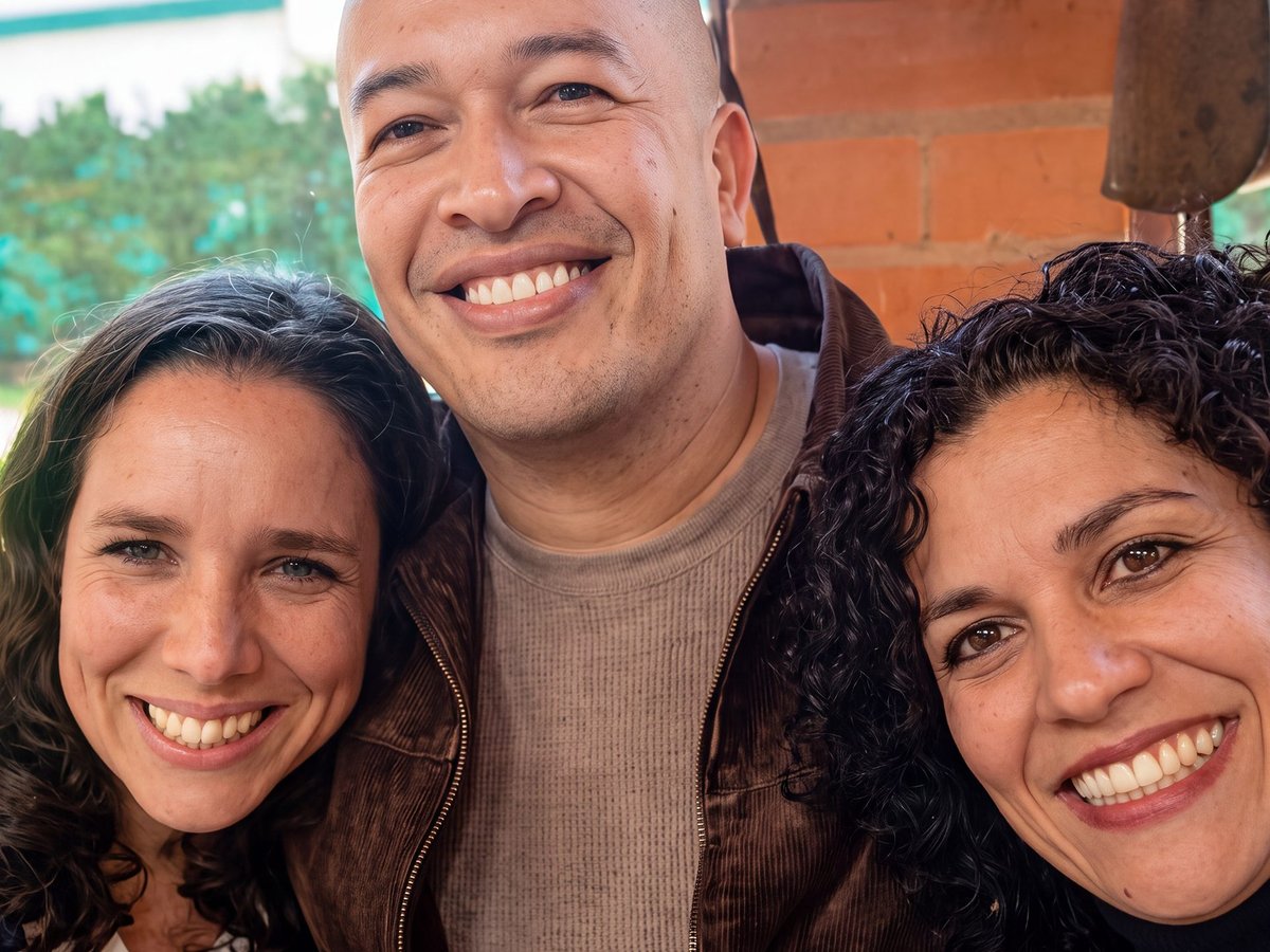 Parte del equipo de Colombia, un país con sentido: tres personas sonriendo en una foto tomada por ellos mismos