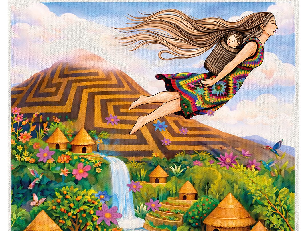 Ilustración de un territorio colombiano: montaña, cascada y casas de techo de paja