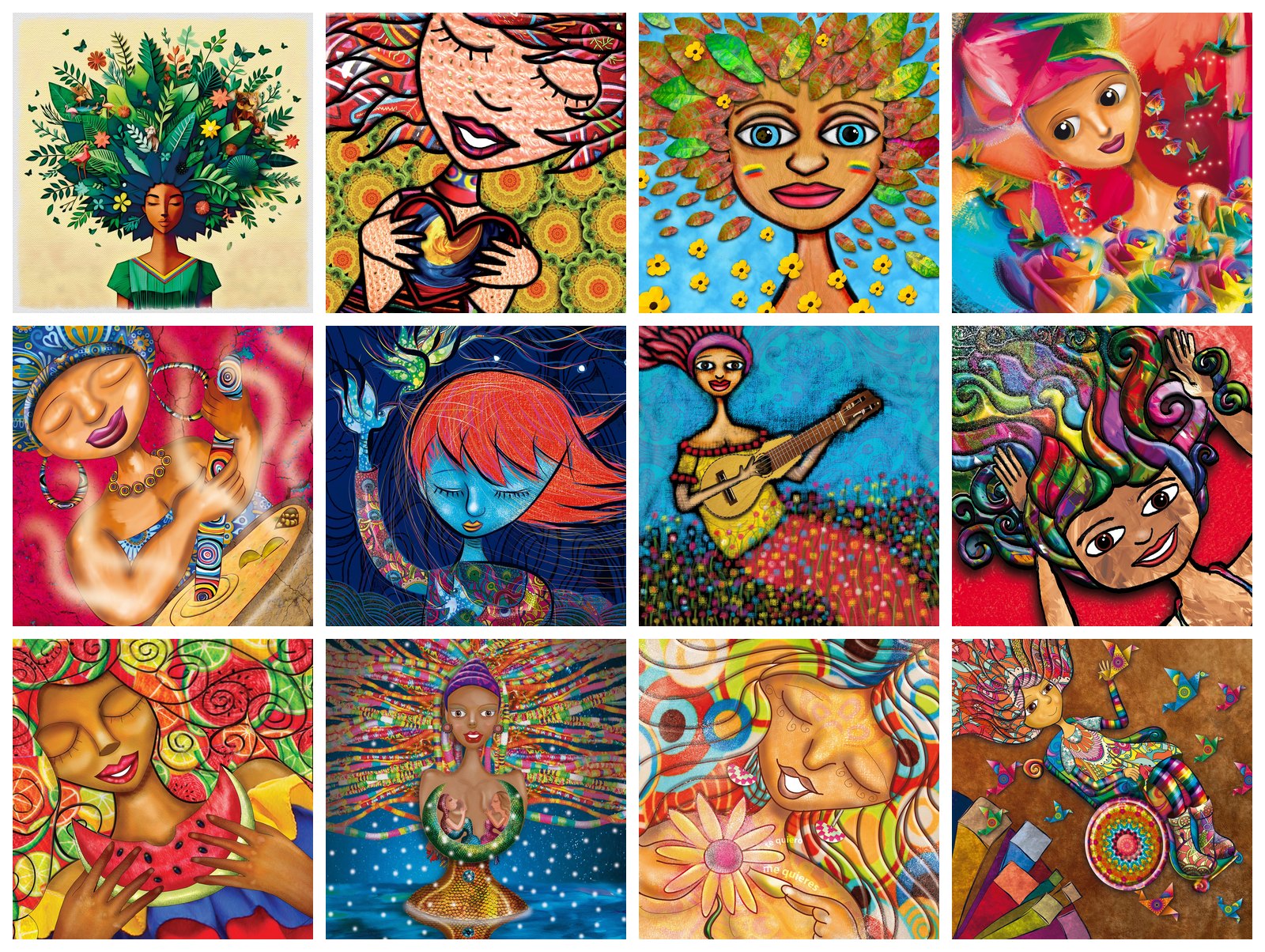 Doce ilustraciones de la colección Mujer Colombiana en cuadrícula: retratos con tocados de hojas, flores, aves y mandalas