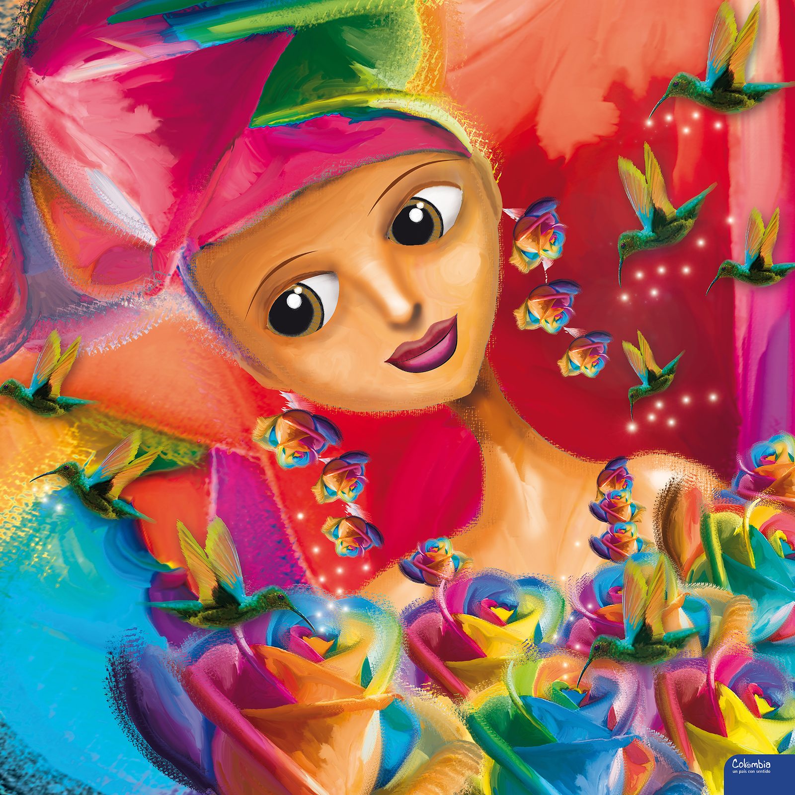Diseño de pañoleta: mujer de sombrero rosado rodeada de colibríes