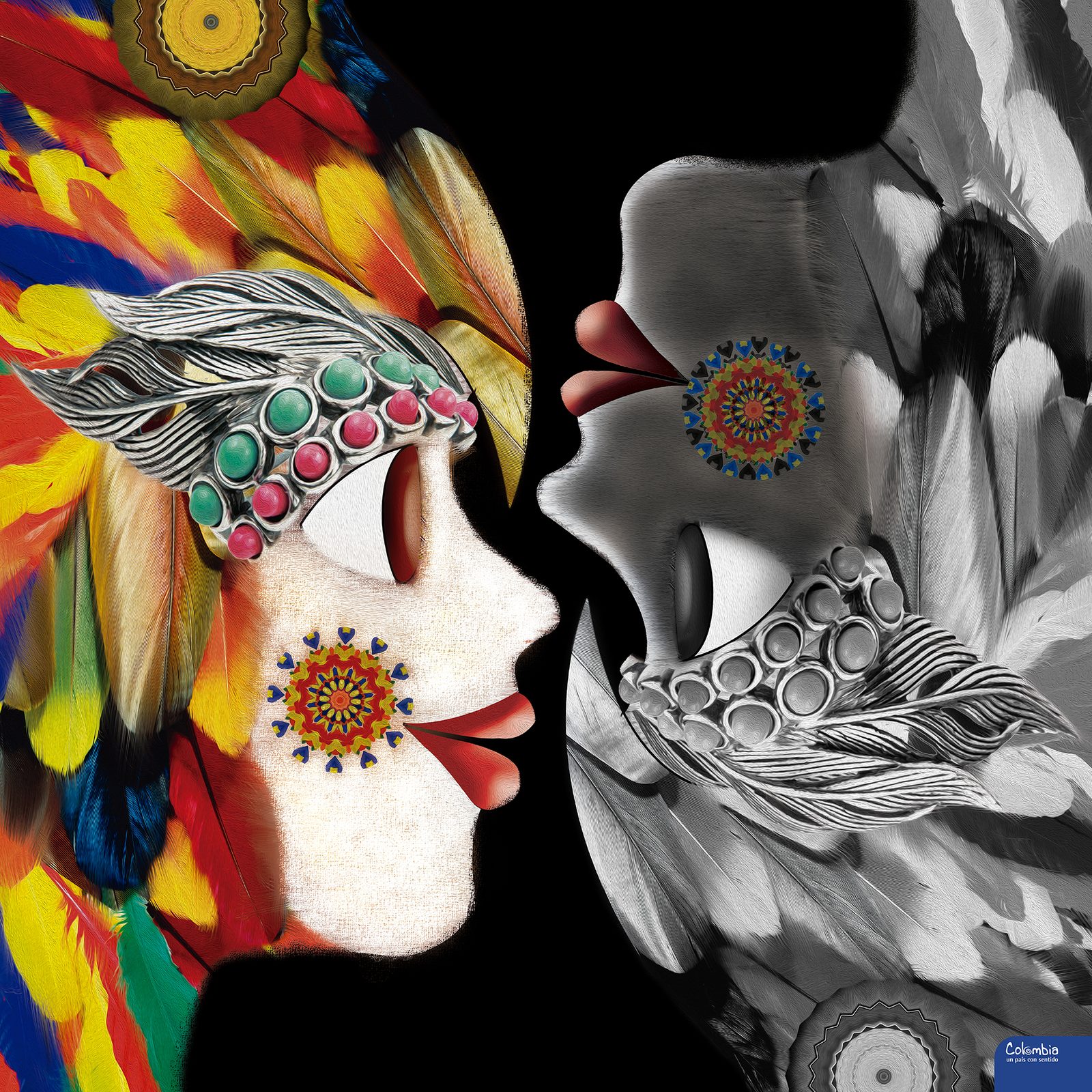Diseño de pañoleta: dos rostros enfrentados con tocados de plumas, uno a color y otro en blanco y negro