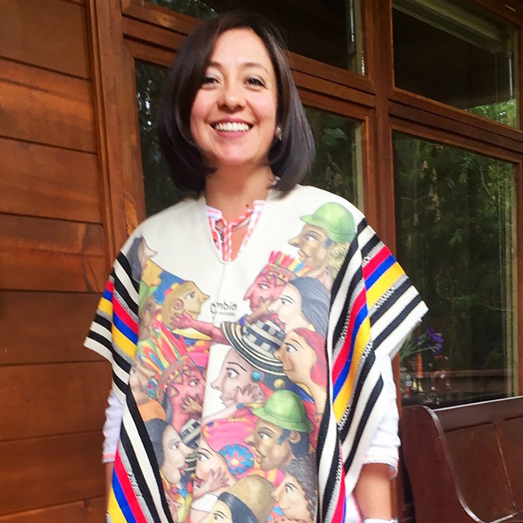 Poncho artesanal con ilustración al frente y franjas de colores en los bordes