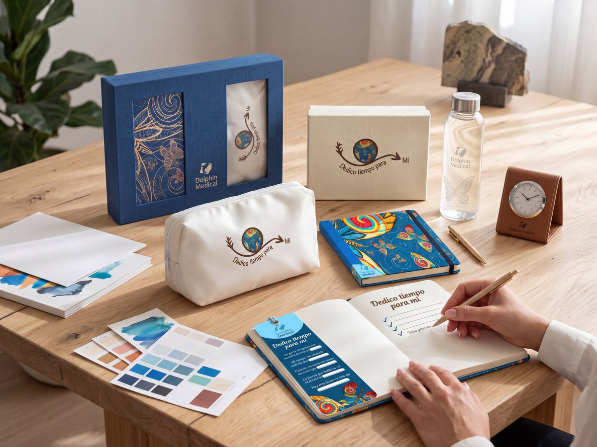 Colección de regalos corporativos sobre un escritorio: caja, cosmetiquera, libreta, botella y reloj con la marca de la empresa