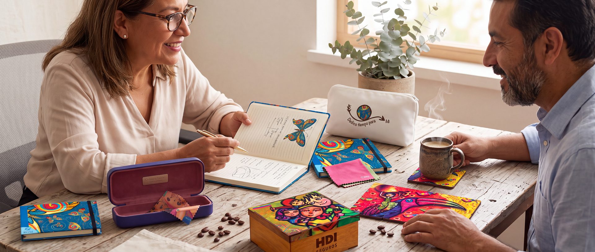 Dos personas conversan en una mesa con regalos corporativos: libretas ilustradas, cosmetiquera, portavasos y una caja de madera