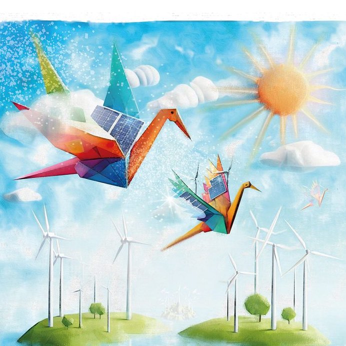 La ilustración original: grullas de origami con paneles solares sobre un campo de molinos de viento